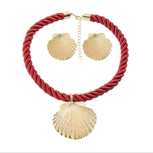 Seashell Gold Red Rope Chain Earrings Necklace Earrings Set - Picture 7 of 16